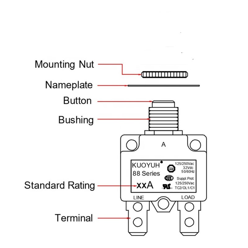 KQEC KUOYUH Circuit Breaker Thermal Overload 88 Series 3-17A Quick Connect Terminals 32VDC 125/250VAC 50/60Hz Push-to-Reset Button 2-Pack (14A) - Image 5